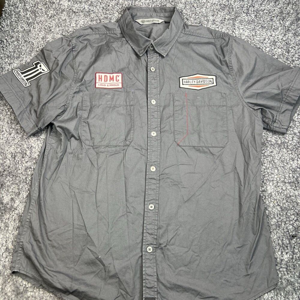 Harley Davidson Motors Gray Short Sleeve Button Front Shirt Men XL